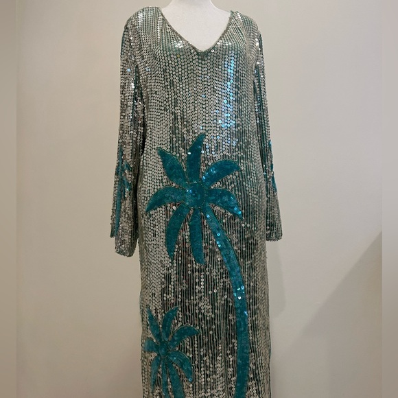 VINTAGE | SEQUIN SILK ART DECO PALM TREE MIAMI TROPICAL SILVER DISCO DRE… - Picture 9 of 15